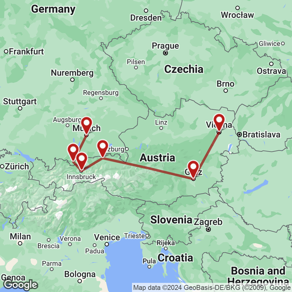 Route for Vienna, Graz, Kufstein, Innsbruck, Garmisch-Partenkirchen, Munich tour